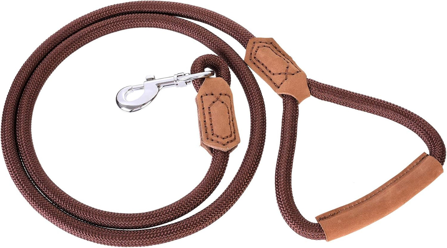 | Premium Leather Dog Leash | Strong Rope Leash | Leather Handle | Zinc Alloy Strong Clasp | Small Medium Large Dogs | 4/5/6 Feet(Dark Brown, 48 Inch (Pack of 1))